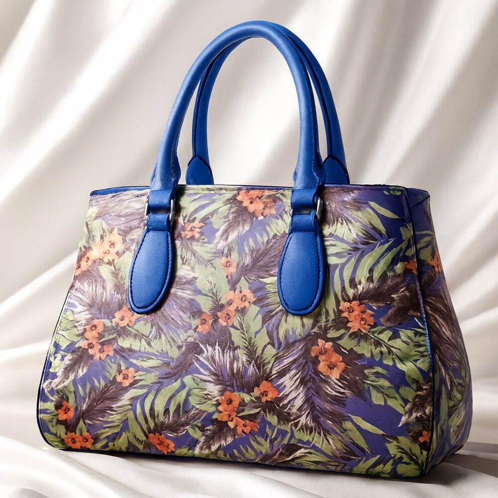 Blue Floral Print Tote Crossbody Bag